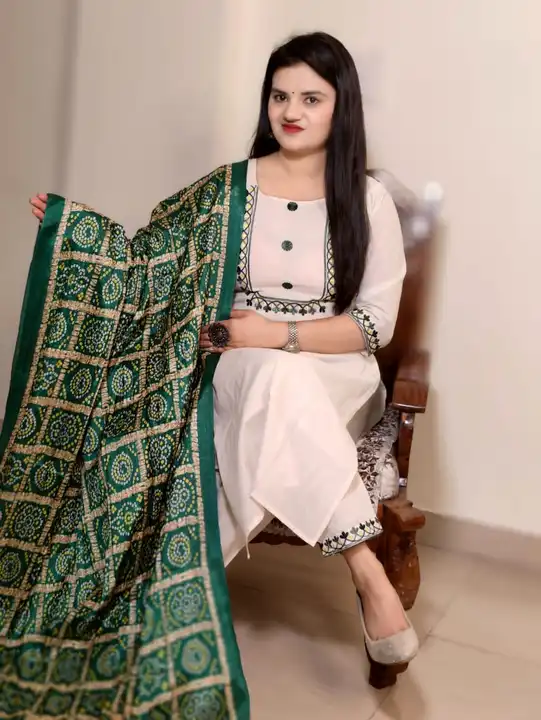 *Cotton Kurti With Pant And Bandhej Printed Silk Dupatta with Tussels. Kurti Has Embroidery Detail O uploaded by JAIPURI FASHION HUB on 6/21/2023
