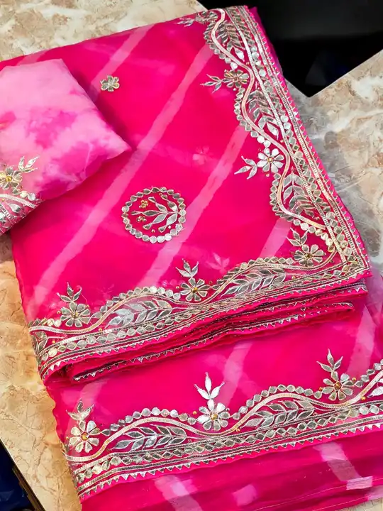 Fabric organja lehriya saree 💕 with hevi gottapatti work 
With blouse  uploaded by Gotapatti manufacturer on 6/22/2023
