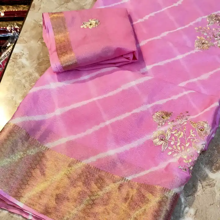 Fabric chinon chit pallu leheriya saree 💕 with blouse price onl uploaded by Gotapatti manufacturer on 6/22/2023
