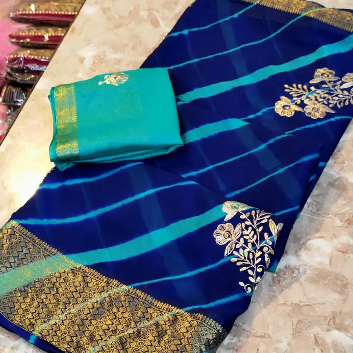 Fabric chinon chit pallu leheriya saree 💕 with blouse price onl uploaded by Gotapatti manufacturer on 6/22/2023