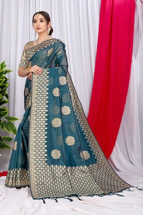 Post image *NY Creation*
*🌹THIS COLLECTION WILL NEVER FAILS TO IMPRESS YOU*

*🌹Fabric :*
Orgenza silk weaving saree with Golden zari woven butties all over with Silver zari woven pallu and border

Blouse : Saree pairs with zari woven running Broced blouse piece
Saree Length : 5.5 Mtr
Blouse : 0.80 Mtr (Running Blouse)

Premium quality assured 
*Ready Stock Available*