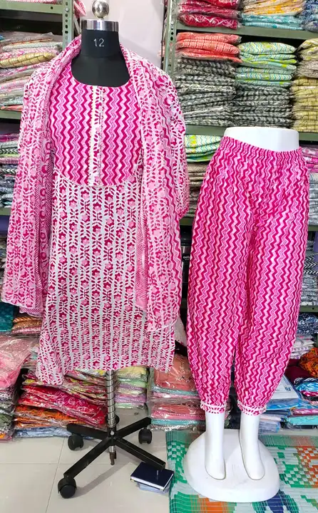 Jaipuri print  cotton fabric Afgani pant kurta with mulmul duptta set uploaded by Jaipuri Fashion World  on 6/22/2023