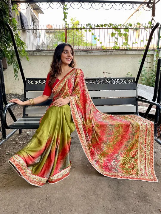 Heavy Bright Moss (soft) material with fancy bandhej print* Beautiful threads * uploaded by ShopiStyle on 6/22/2023