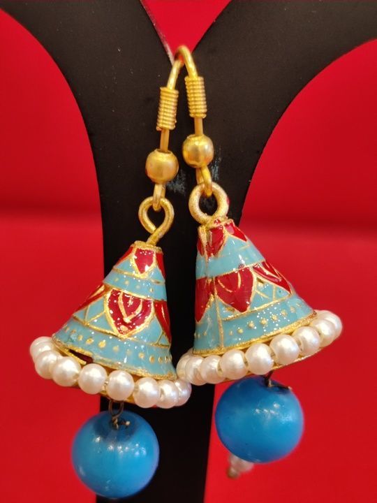 Cone shaped Meenakari Jhumki with single pearl drop uploaded by Dhanwantri jewels on 3/14/2021