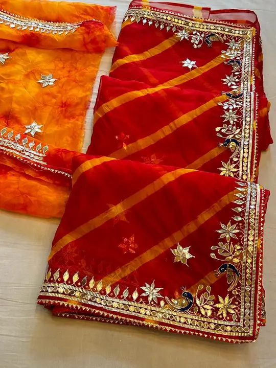 Fabric organja lehriya saree 💕
With blouse price only 1350+$ uploaded by Gota Patti manufacturing on 6/23/2023