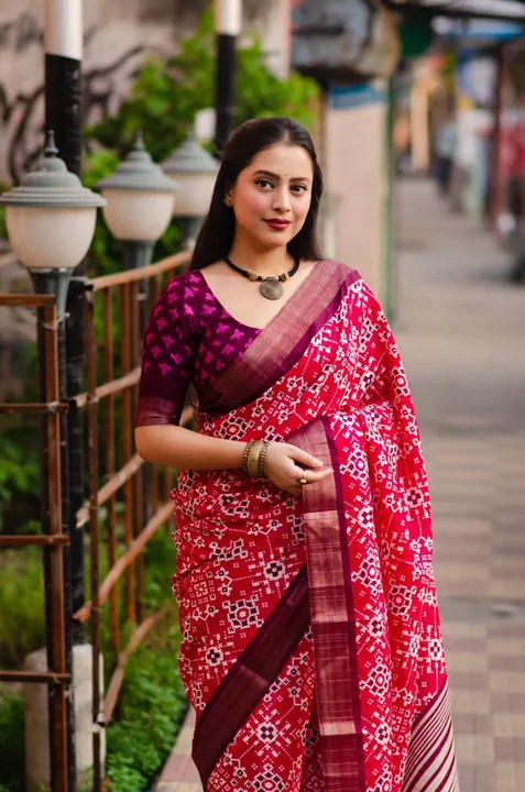 soft silk slub woven saree with patola print design. uploaded by khan wholeseller on 6/24/2023