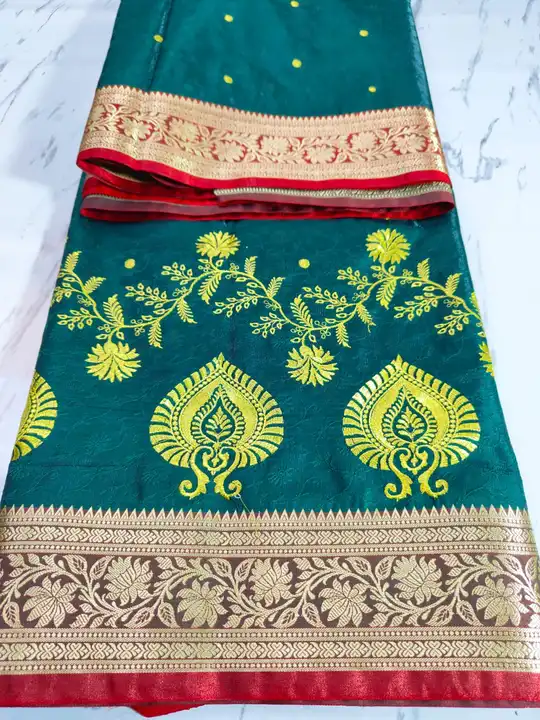 Banarasi Satin Silk Saree Embroidery Saree with Heavy Pallu uploaded by Mehra Saree on 6/24/2023