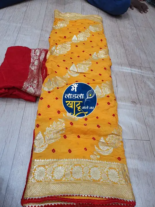 🥰🥰Original product🥰🥰
👉  pure  Russian silk fabric with colour bhandej with beautiful mx zari bo uploaded by Gotapatti manufacturer on 6/25/2023