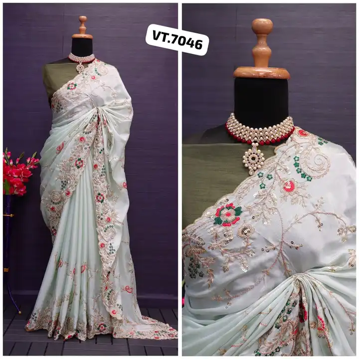 ☘️🛎️🛎️ NEW Launching  🛎️🍀

*🔖 VT.7046🧝*

🥻 Sari Fabric: Premium Diamond Chinon Silk with Heav uploaded by Vishal trendz 1011 avadh textile market on 6/26/2023