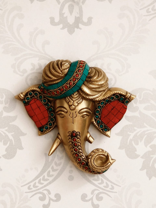 🌻Golden Brass Handcrafted Colorful Stone Work Phagdi 🌻Lord Ganesha Face Wall Hanging
 uploaded by Home decor on 6/27/2023