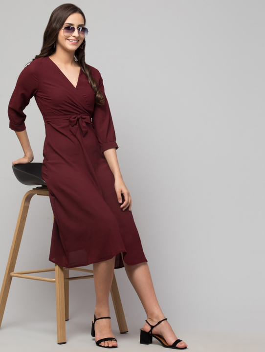 Post image Solid Woven below knee length dress,has lantern sleeves,concealed zip closure, an attached lining, and flared hem Comes with a matching belt.Comfortable with fine quality stitching and material.