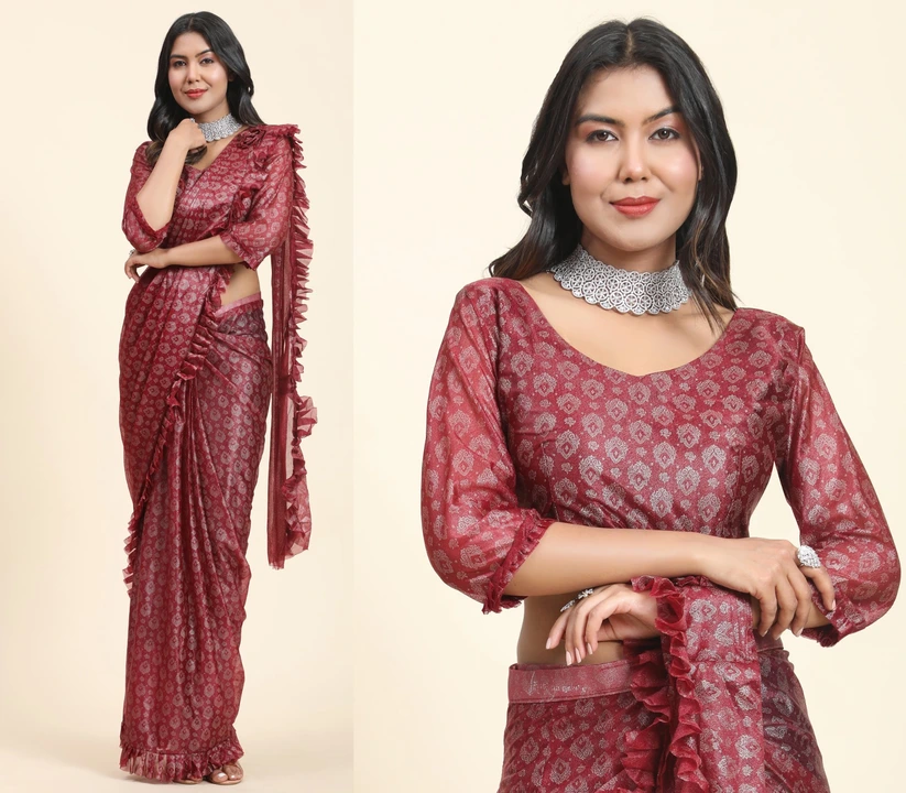*DESIGN NO*  101012

*BLOUSE*  FANCY FABRIC WITH PREMIUM FOIL WORK WITH STITCHED SLEEVES AND FRILL 
 uploaded by Aanvi fab on 6/28/2023