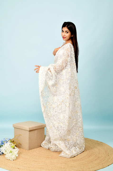 Ivory white chikankari worked pure organza saree uploaded by business on 6/28/2023