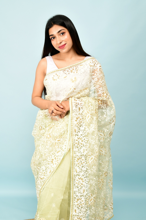 Light green chikankari worked pure organza saree uploaded by business on 6/28/2023