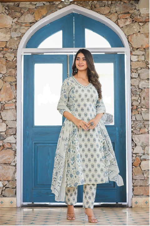Post image Rayon embroidery printed kurta pent with dupatta set for women