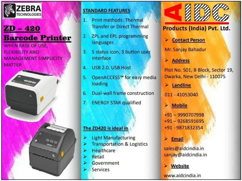 Zebra ZD-420 Barcode Printer uploaded by AIDC Products (India) Pvt. Ltd. on 3/15/2021