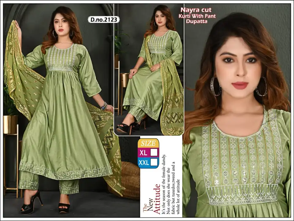 3 pcs nayra cut kurti pant setd uploaded by Radha Creation , Maira sales for Readymade items on 6/29/2023