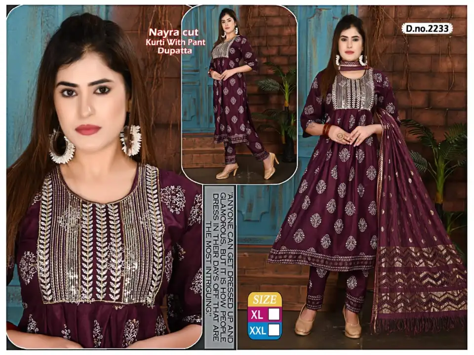 3 pvs dupatta sets nayra kurti with pant and dupatta with full work embroidery printed heavy designe uploaded by Radha Creation , Maira sales for Readymade items on 6/29/2023