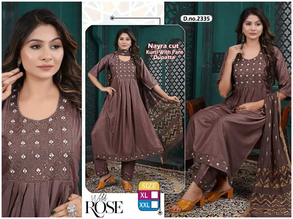 3 pvs dupatta sets nayra kurti with pant and dupatta with full work embroidery printed heavy designe uploaded by Radha Creation , Maira sales for Readymade items on 6/29/2023