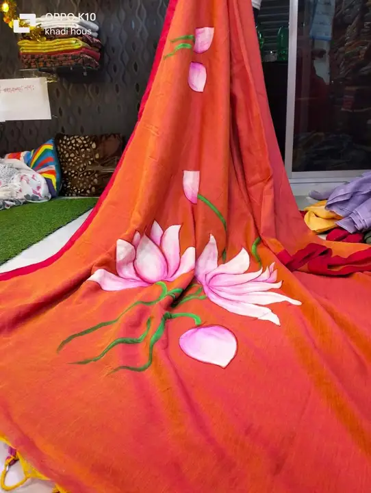 Pure Cotton Handprint Lotus saree uploaded by Milaans on 6/29/2023