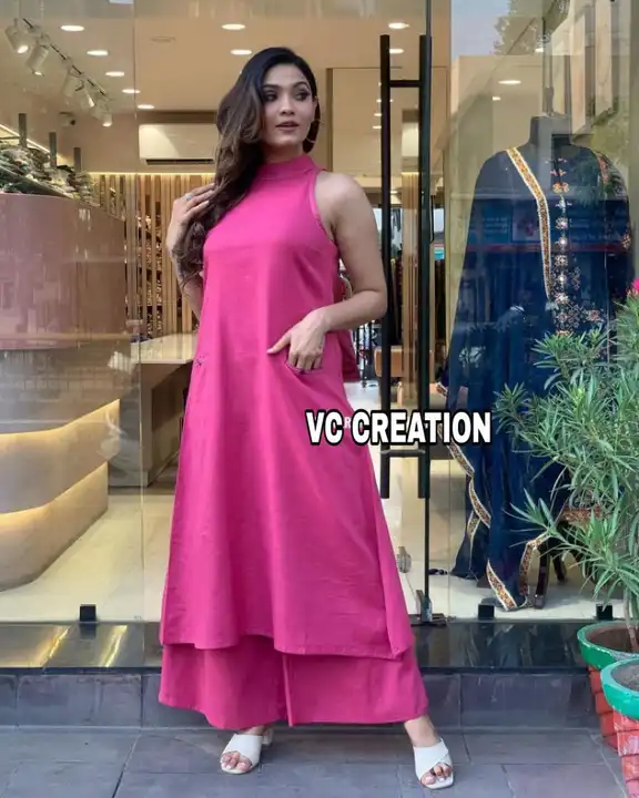 Pure  Cotton work kurti  with  plazo 

Hot pink  colour look very smart perfect look for summer
Slee uploaded by Gota Patti manufacturing on 6/29/2023