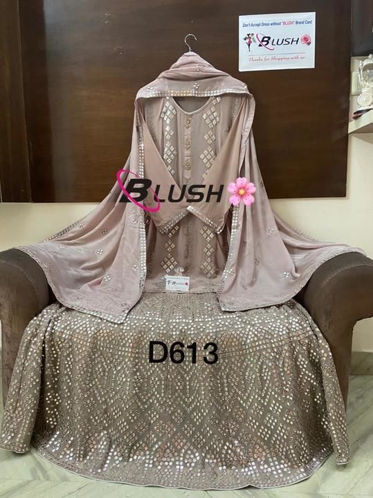 Post image *🌸 BLUSH* 🌸

D no 613🌸(Shi)

Pure chinon crape phoil mirror work semi stitch shirt 🌸with size 54 &amp; Lenght 44🌸stitch skirt with heavy phoil mirror work jall stitch skirt🌸with lining attached 🌸waist 40 &amp; Lenght 42🌸pure chinon crape dup with phoil-mirror work dup🌸super fine quality stuff🌸MRP 6495+$