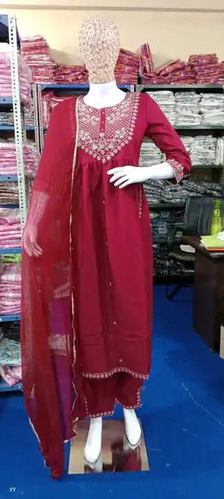 Rayon heavy embroidery work kurti with pant and dupatta set uploaded by NagraFashion on 7/1/2023