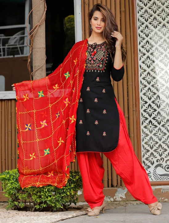 Rayon Apple cut Kurti with embroidery work*
❣️Full plain Rayon patiala 
❣️ Chiffon Dupatta with Embr uploaded by Online Ladies Dresses on 7/2/2023