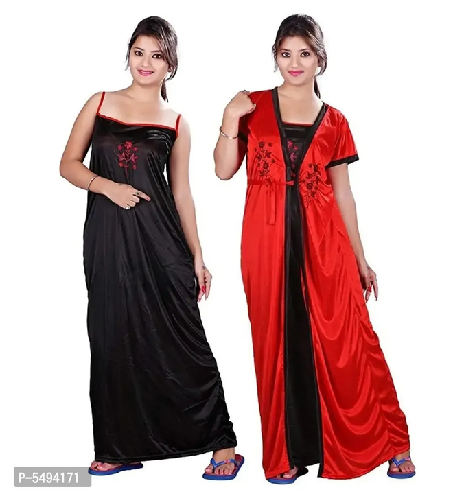 Women Satin Embroidery Design Nightwear 2 Pcs Set Of Nighty uploaded by wholsale market on 7/3/2023