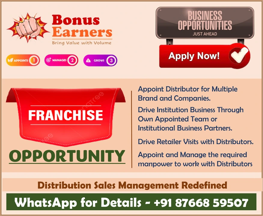 Post image Zonal Franchise Opportunity

Click and Connect - https://wa.me/918766859507

Are you capable of Appointing Distributors and then manage them and a Risk Taker, Then it Time You Join Us as Our Zonal Franchise Partner. Franchise Fee applicable - Rs. 14990/- 

Think and Make this CAREER CHANGING and CHALLENGING MOVE.