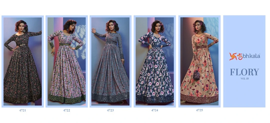 *FLORY VOL. 19*

*New Exclusive Printed Long Anarkali Gown Collection*

*RATE LIST*

*4721 - 1300/-* uploaded by Aanvi fab on 7/4/2023