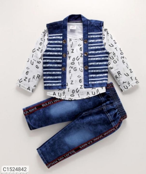 Product image of KIDS PRINTED T-SHIRTS JEANS JACKET SETS, price: Rs. 399, ID: kids-printed-t-shirts-jeans-jacket-sets-27f4a5d5