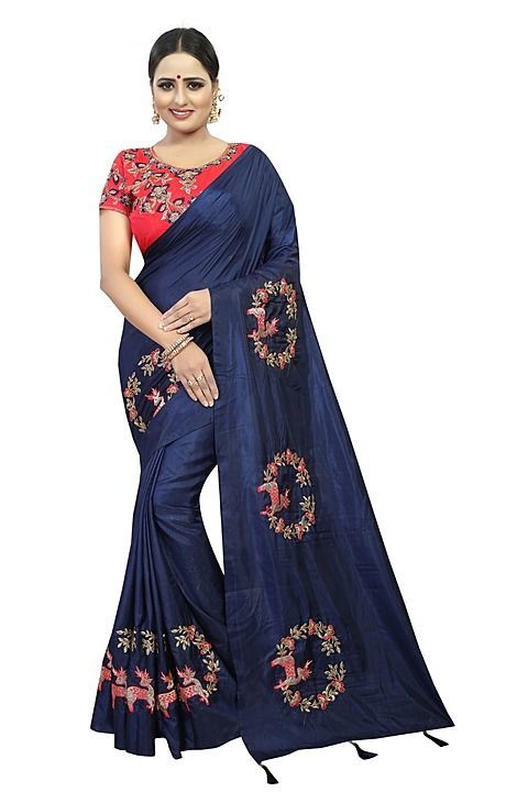 Paper silk embroidery Blue color saree with embroidery blouse piece uploaded by business on 7/15/2020