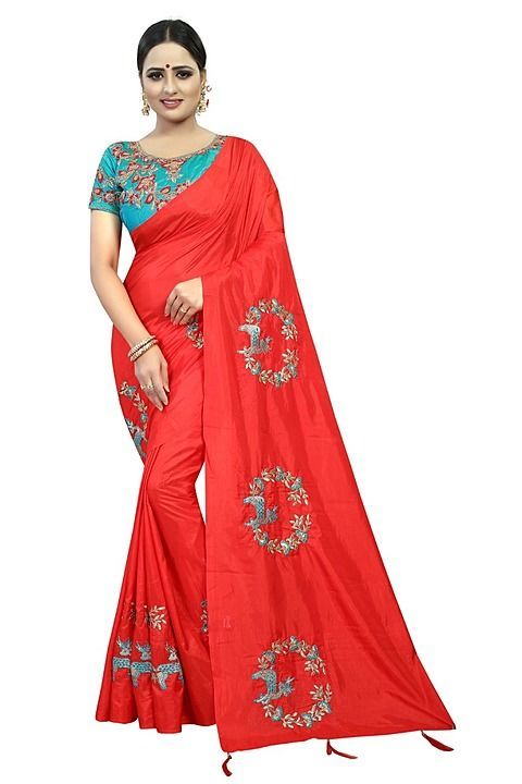 Paper silk red color embroidery saree with embroidery blouse piece uploaded by business on 7/15/2020