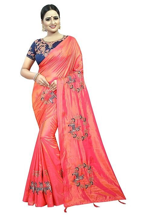 Paper silk peach color embroidery saree with embroidery blouse piece uploaded by business on 7/15/2020