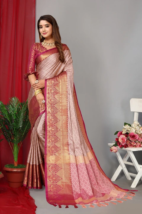 Womens New Latest Aura Cotton Silk Zari Contrast Border with Tassels Saree with Contrast Blouse uploaded by Manasvi Enterprise on 7/6/2023