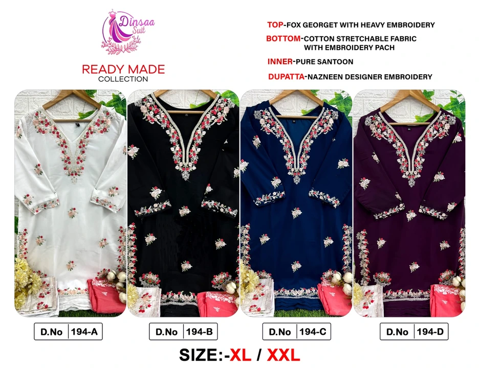 *DINSAA SUIT* 


*R D S NO :-194*
               *ABCD*

*Top* :-  Fox georget embroidery with khatl uploaded by Ahmed fashion on 7/6/2023