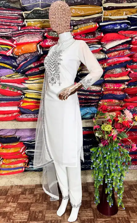 *kf-(3042)* *💃 3pcs Kurti pair 💃*

*White Coloured Embroidered Attractive Party Wear Pure Maslin c uploaded by Ahmed fashion on 7/10/2023