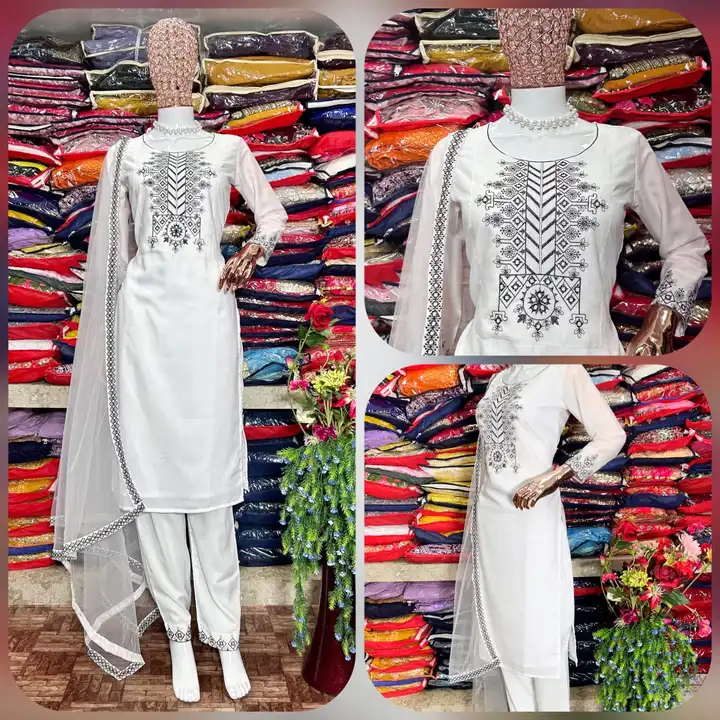 *kf-(3042)* *💃 3pcs Kurti pair 💃*

*White Coloured Embroidered Attractive Party Wear Pure Maslin c uploaded by Ahmed fashion on 7/10/2023