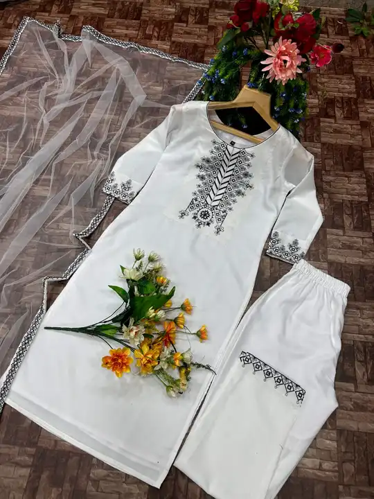 *kf-(3042)* *💃 3pcs Kurti pair 💃*

*White Coloured Embroidered Attractive Party Wear Pure Maslin c uploaded by Ahmed fashion on 7/10/2023