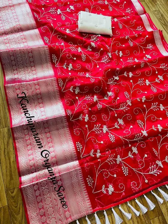 Pure Kanchipuram organza jacquard saree with white contrast blouse  uploaded by Well Products on 7/10/2023