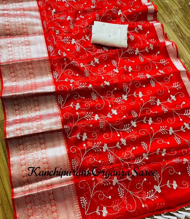 Pure Kanchipuram organza jacquard saree with white contrast blouse  uploaded by Well Products on 7/10/2023