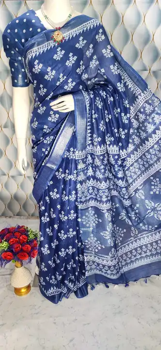 Indigo  print cotton slub saree  uploaded by Linen Saree Hub on 7/11/2023