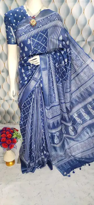 Indigo  print cotton slub saree  uploaded by Linen Saree Hub on 7/11/2023