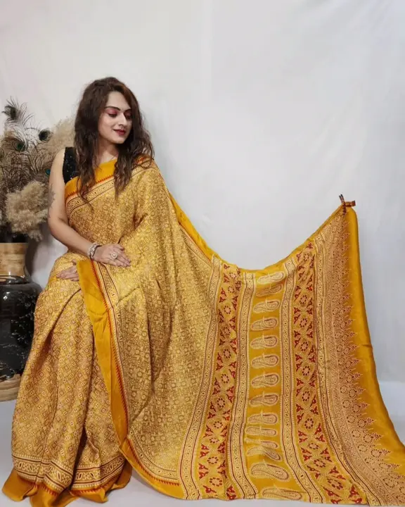 Post image Pure modal silk ajarakha sarees with ajarakha blouse soft febric best quality with best price
For price and order contact me on my WhatsApp number 9825812957
