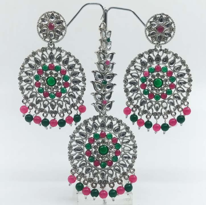 Mirror work handcrafted kundan earrings and mangtikka set  uploaded by business on 7/12/2023