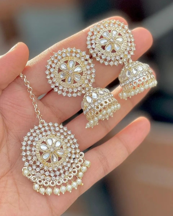 Crystal work Jhumki earrings with mangtikka  uploaded by Jalaram immitation on 7/12/2023