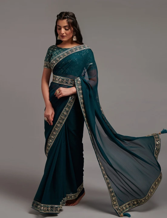Beautiful chinnon fabric foil print saree with embroidery lace border with sequence work blouse  uploaded by Teeya Creation on 7/12/2023