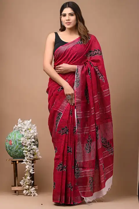🥻New arrival🥻
 *Linen saree* 
Hand block print
All saree with same blouse 
Saree lenght  5.50
Blou uploaded by Saiba hand block on 7/12/2023