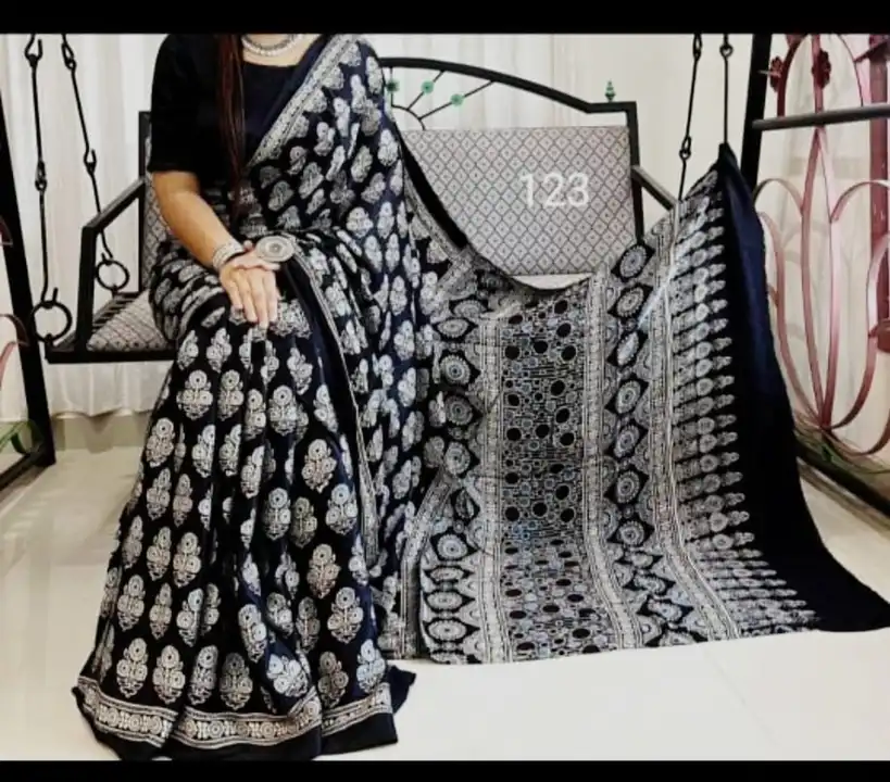 Fabric - linen cotton ajrak print saree 
 uploaded by business on 7/12/2023